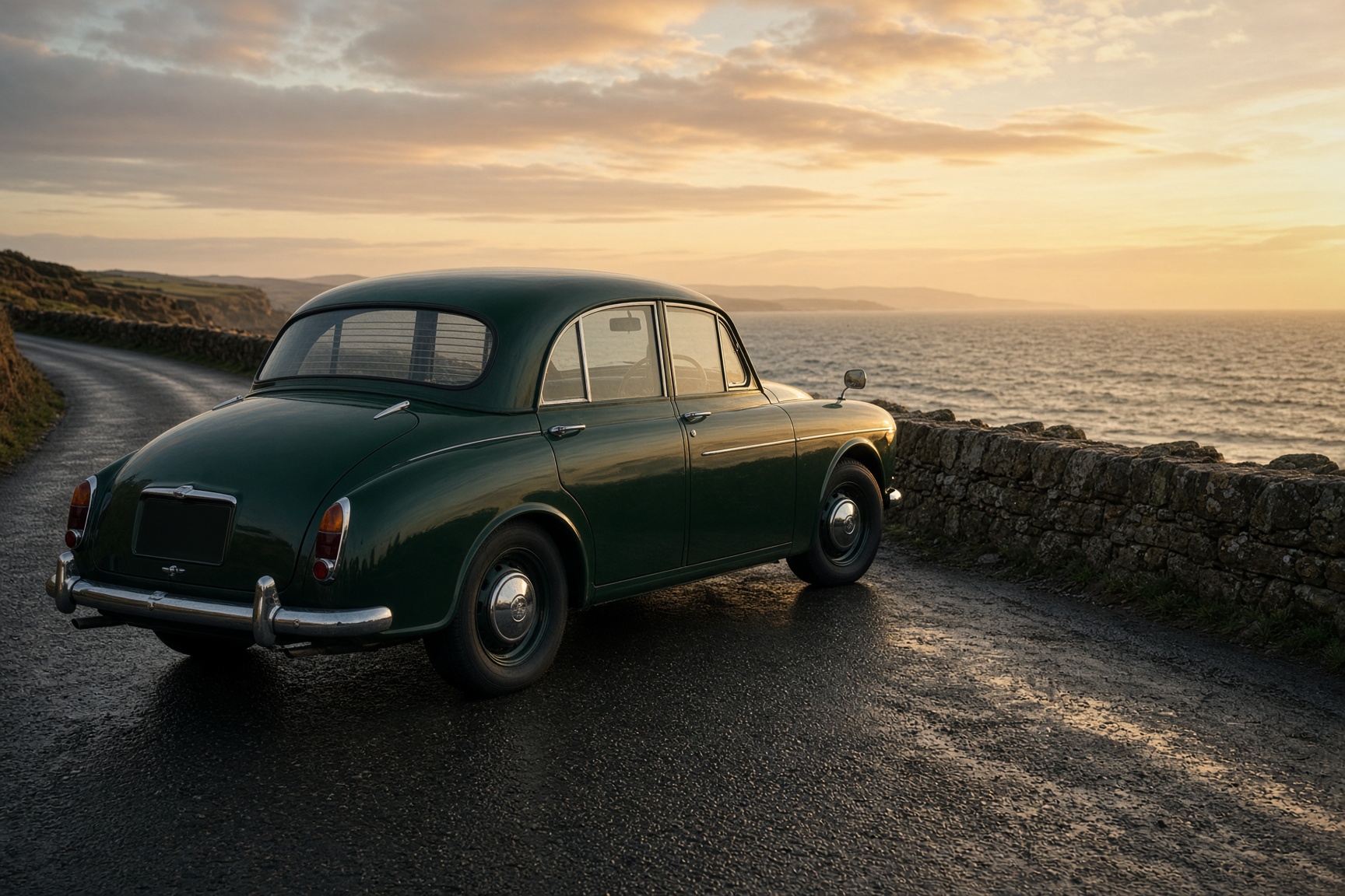 A dark green vintage car on a coastal road in warm evening light