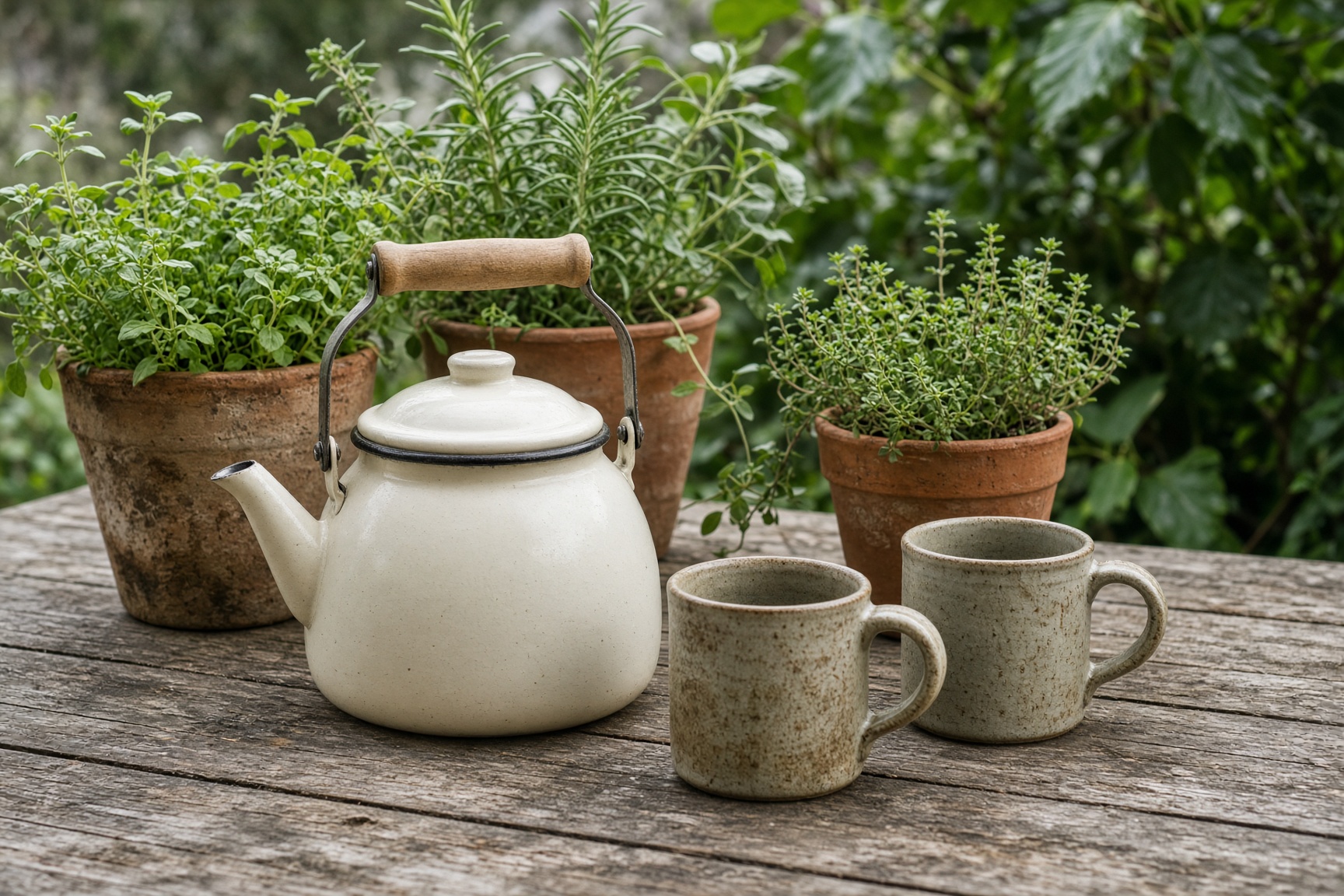A cream kettle and two mugs on a garden table among herb pots