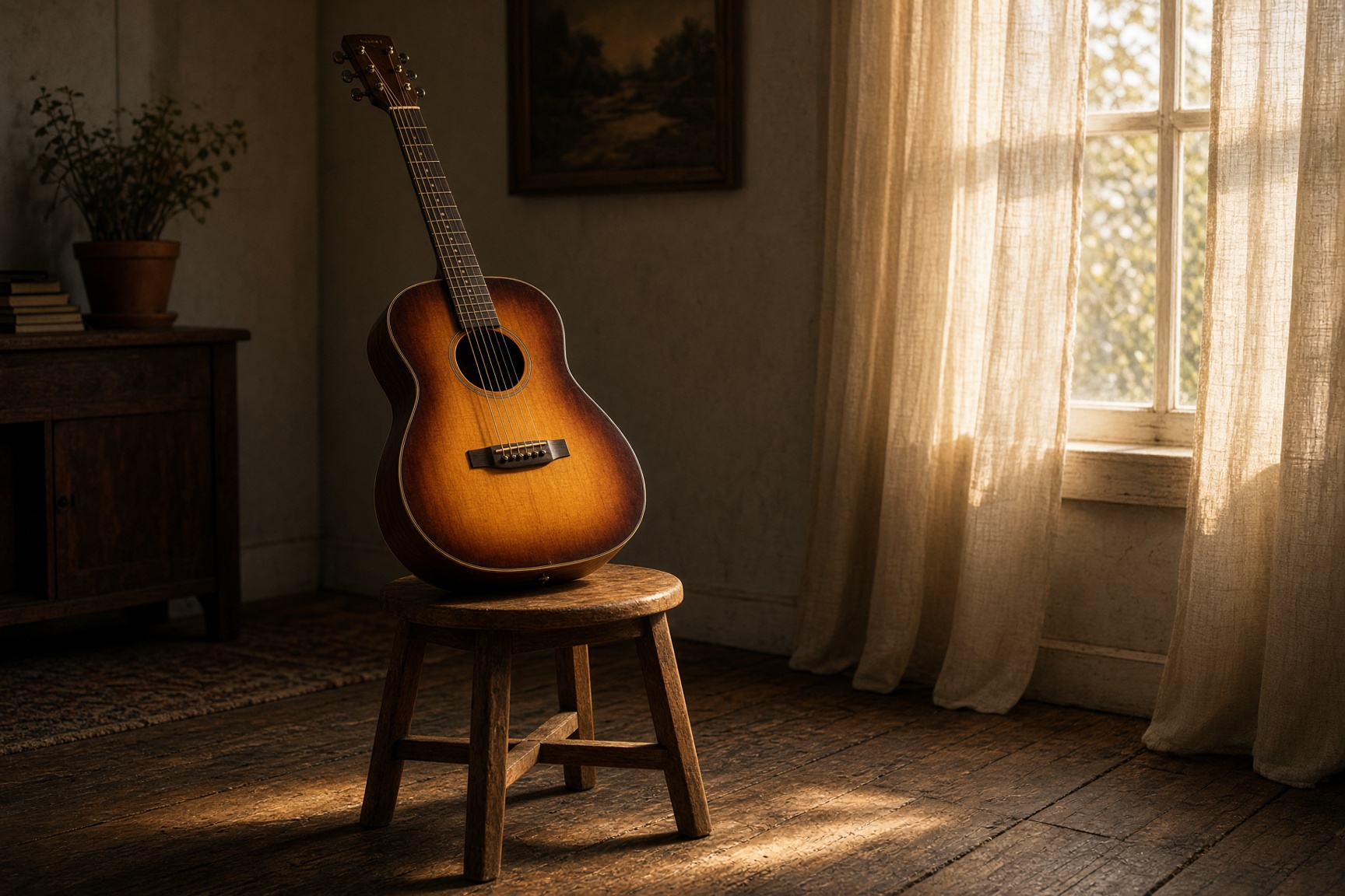 An acoustic guitar on a stool in a sunlit music room