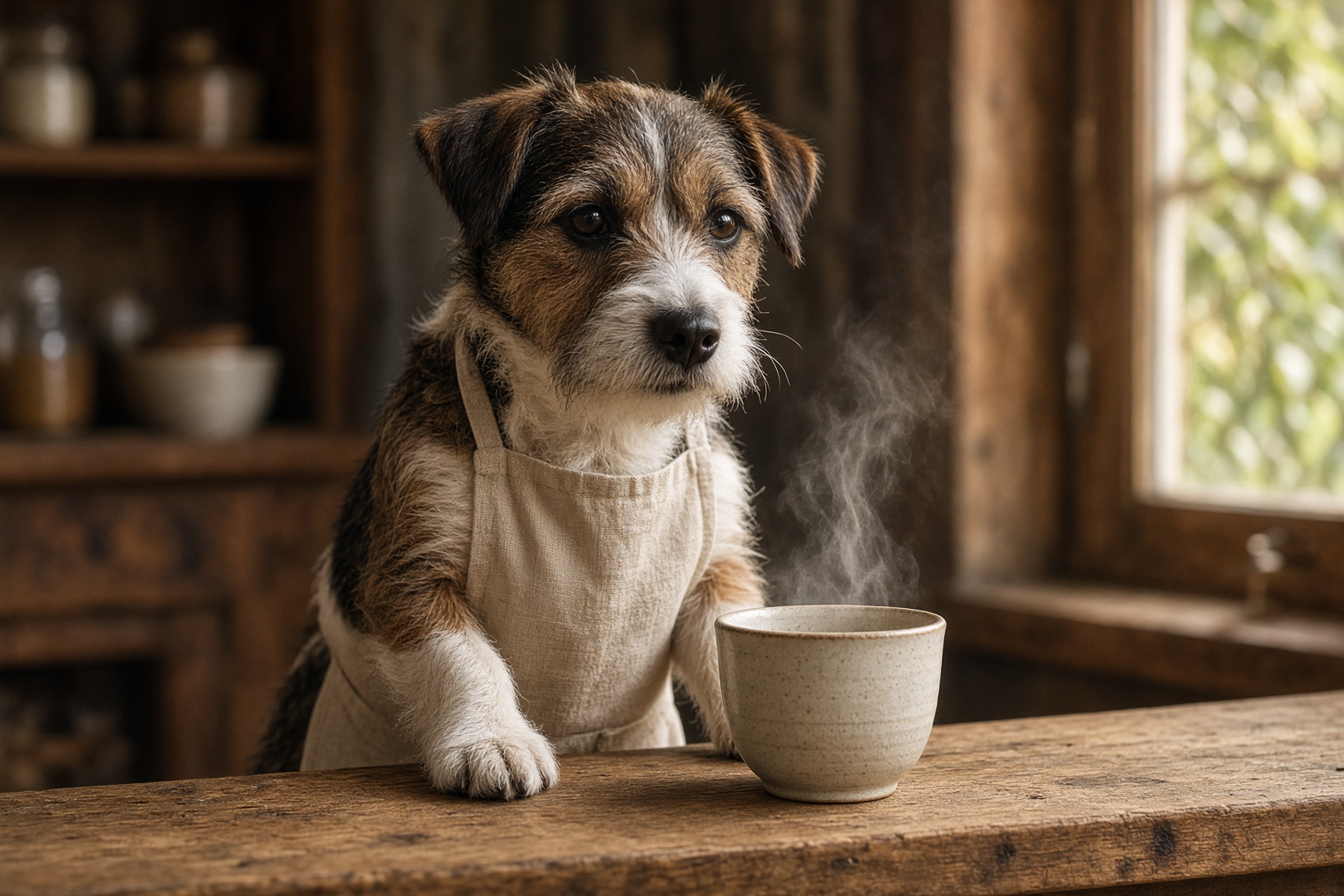 A terrier in a linen apron behind a café counter, steam rising from a cup